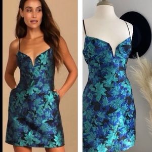 ❤️ Lulus Ready for Festivities Blue Multi Floral Jacquard Mini Dress